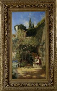 Junges Paar In Bluhendem Garten by Conrad Peter Schreiber