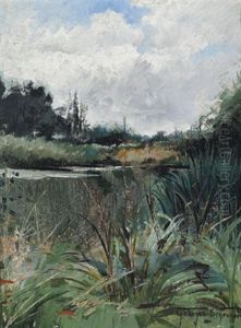 Mit Schilf Bewachsener Teich Im Sommer by George Lawrence Schreiber