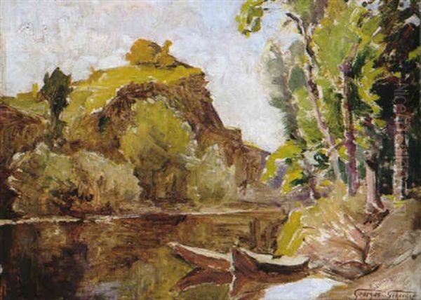Fluslandschaft Mit Angelegten Nachen Im Fruhling - view 1
