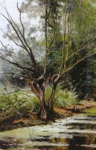 Fruhlingstag Mit Waldbach Und Sonnig Beleuchteter Wiese Mit Knuppelweide by George Lawrence Schreiber