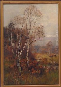 Zwei Birken Neben Lichtung Mit Weidendem Vieh Vor Waldhintergrund by Georges Schreiber