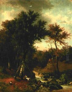 Holzsammler Im Wald Vor Bachlauf