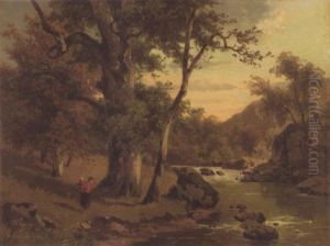 Mutter Mit Kind An Einem Waldigen Flusufer by Friedrich Wilhelm Schreiner