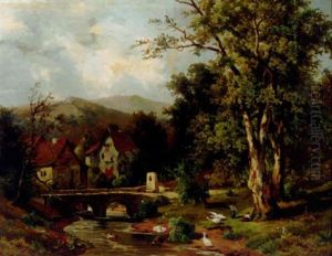 A Mountainous Landscape With Geese And Children At A Riverbank by Friedrich Wilhelm Schreiner