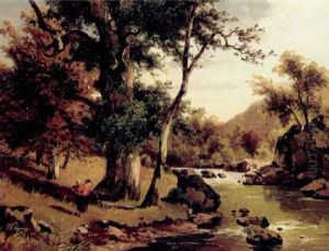 Flodlandskab Med Kvinde Med Barn Pa Ryggen by Friedrich Wilhelm Schreiner