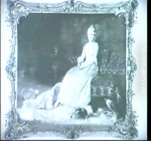 Vornehme Dame In Rosefarbenem Seidenkleid Im Salon, Zu Ihren Fussen Liegender Barsoi by Josef Schretter