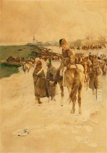 Russian Soldiers Crossing The Rhine Near Dusseldorf In January 1814 by Wilhelm Schreuer
