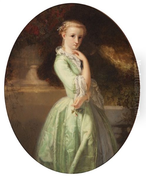 Elegant Young Woman In A Green Dress Holding A Rose (+ Elegant Young Woman In A Pink Dress By A Rose Bush; 2 Works) - view 1