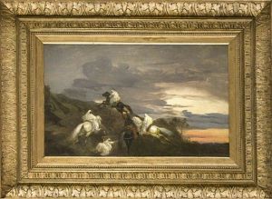 Auf Ihren Pferden Fliehende Araber Auf Einer Anhohe Im Abendlicht by Adolf Schreyer