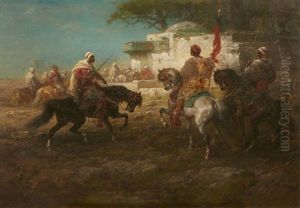 Ecole Allemande Cavaliers Autour De L'abreuvoir by Adolf Schreyer