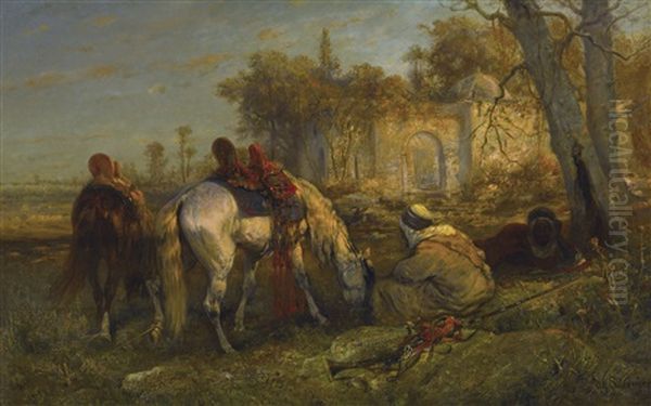 Two Reclining Arabs And Two Tethered Horses - view 1