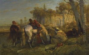 Two Reclining Arabs And Two Tethered Horses