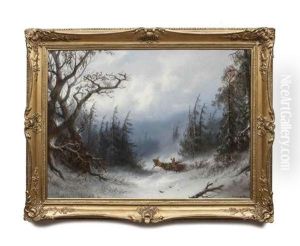 Loading Firewood In A Snowy Forest Landscape by Adolf Schreyer