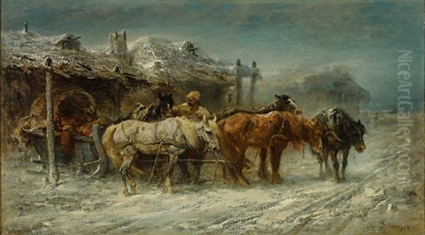 Kaukasische Winterlandschaft. Vor Einer Kate Schirrt Ein Kosak Einen Vierspannigen Schlitten Ein - view 1