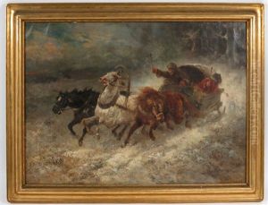 Sleigh Drawn By Three Horses, Fleeing Wolves