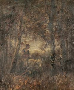 Wallache Auf Einem Schimmel Im Wald by Adolf Schreyer