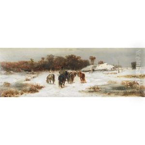 Horseman And Herd Nearing Home In The Snow by Adolf Schreyer