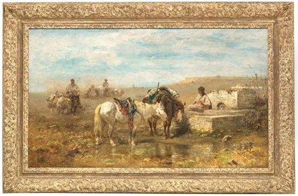 Rast Am Brunnen. In Einer Orientalischen Landschaft Sammeln Sich Reiter Und Ihre Lasttiere An Einer Wasserstelle - view 1