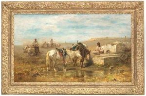 Rast Am Brunnen. In Einer Orientalischen Landschaft Sammeln Sich Reiter Und Ihre Lasttiere An Einer Wasserstelle