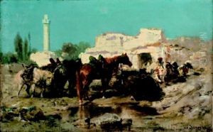 Abgesessene Arabische Reiter An Einem Orientalischen Brunnenhaus by Adolf Schreyer