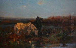 Wilde Pferde In Weiter Landschaft by Adolf Schreyer
