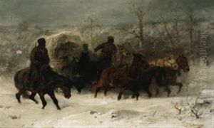 Postzug In Verschneiter Taigalandschaft. Neunspanniger Planwagen Von Bewaffneten Kosaken Begleitet by Adolf Schreyer