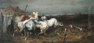 Eine Herde Pferde Verteidigt Ihr Fohlen Vor Den Wolfen by Adolf Schreyer