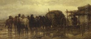 Horses And Horsemen With Carriage by Adolf Schreyer