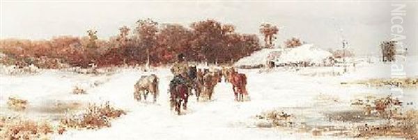 Hirte Mit Pferden In Winterlicher Landschaft - view 1