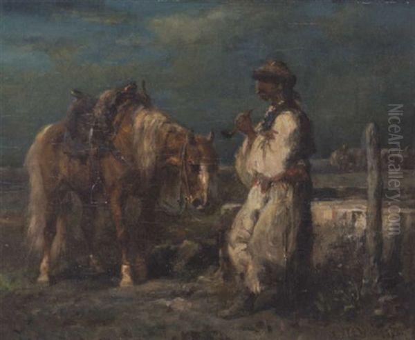 Ungarischer Bauer Mit Pferd Am Brunnentrog - view 1