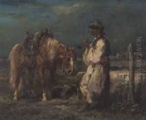 Ungarischer Bauer Mit Pferd Am Brunnentrog by Adolf Schreyer