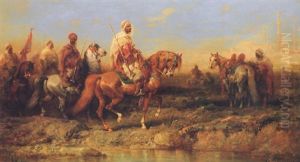 Arab Horsemen Before A Middle Eastern City by Adolf Schreyer