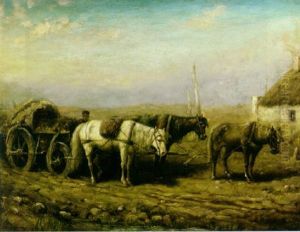 A Horsedrawn Cart With A Boy On A Road In A Rural Landscape by Adolf Schreyer