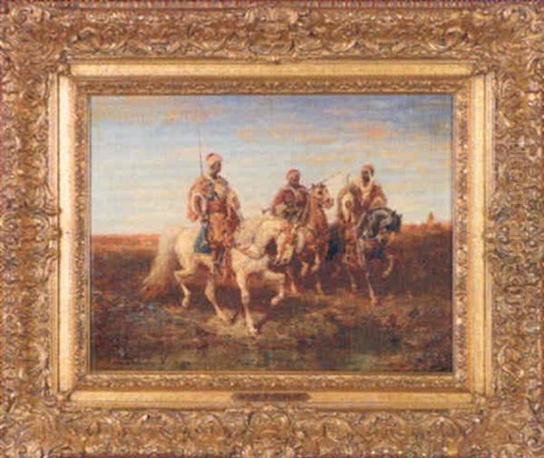 Three Armed, Elaborately Robed Arabs On Horseback Approaching Water - view 1