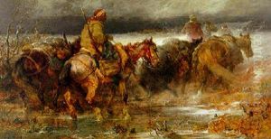 Tscherkessen Mit Ihren Packpferden In Nachtlicher Winterlandschaft by Adolf Schreyer