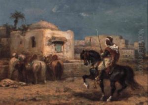 An Arab Horseman Approaching A Village by Adolf Schreyer
