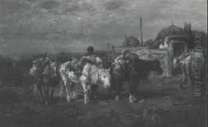 Vier Packpferde An Einer Bulgarischen Poststation by Adolf Schreyer