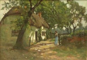 Lady With Ducks By A Thatched Cottag by John Bowman