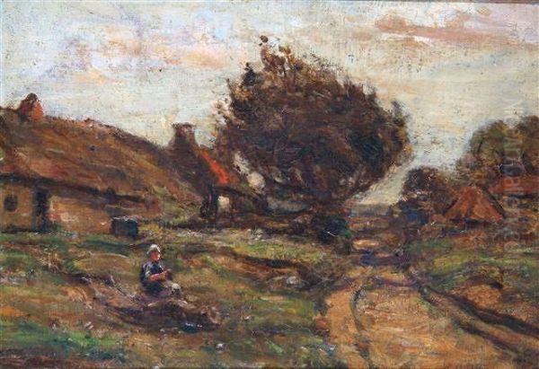 A Country Roadwaywith Figure Seated Upon A Grassy Bank - view 1