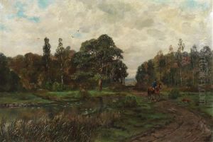 Reiter Mit Seinem Jagdhund Auf Einem Waldweg by Charles Schreyvogel