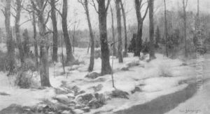 Twilight In A Winter Wood, A Cottage In The Distance