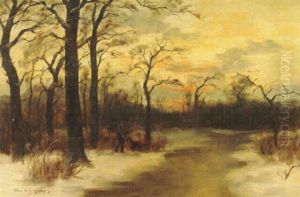 Hunting By A Stream In Winter by Charles Schreyvogel