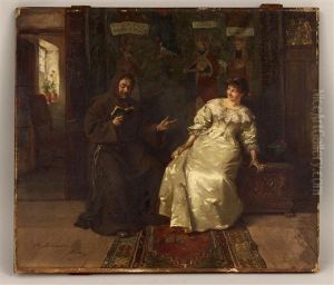 Interior With Monk Reading To Laughing Woman by Albert Friedrich Schroeder