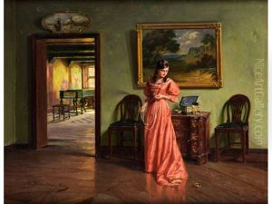 Junge Dame Im Interieur Beim Anlegen Einer Perlenkette Junge Dame Im Interieur Beim Anlegen Einer Perlenkette