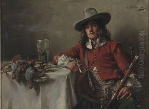 Nachdenkender In Einem Sessel Sitzender Junger Mann Mit Buch (+ Rastender Jager Mit Pfeife; Pair)
