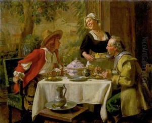 Hollandische Magd Zwischen Zwei Feuern: Zwei Kavalieren, Die Bei Der Mahlzeit Sitzen by Albert Friedrich Schroeder