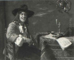 Young Cavalier Smoking At A Table by Albert Friedrich Schroeder