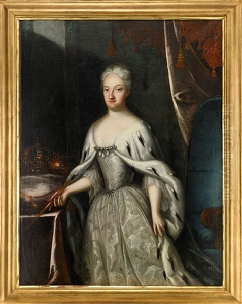Portratt Av Drottning Ulrika Eleonora D.y. (1688-1741) Ikladd Silverfargad Klanning Och Hermelinbramad Mantel, I Palatsinterior Med Riksregalierna - Staende Knastycke - view 1