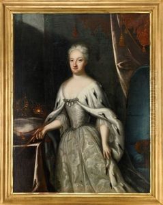 Portratt Av Drottning Ulrika Eleonora D.y. (1688-1741) Ikladd Silverfargad Klanning Och Hermelinbramad Mantel, I Palatsinterior Med Riksregalierna - Staende Knastycke