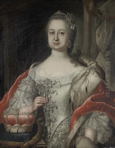 Portrait Of Karl Theodor Von Der Pfalz, Half-length, In An Ermine Mantel Wearing The Chain And Star Of The Order Of Saint Hubertus (+ Portrait Of His Wife, Elisabeth Augusta Of Sulzbach, Half-length, In A White Silk Dress And A Red Velvet Wrap; Pair) - view 1